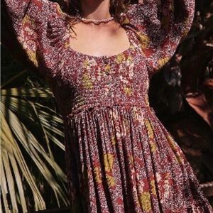 Free People Burgundy Floral Mini Dress with Mustard Accents